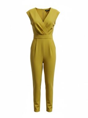 New York & Company Mustard V-Neck Cap-Sleeve Tailored Jumpsuit